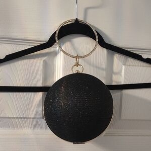 Elegant Black Glitter Round Wristlet Clutch - Gold Ring Handle